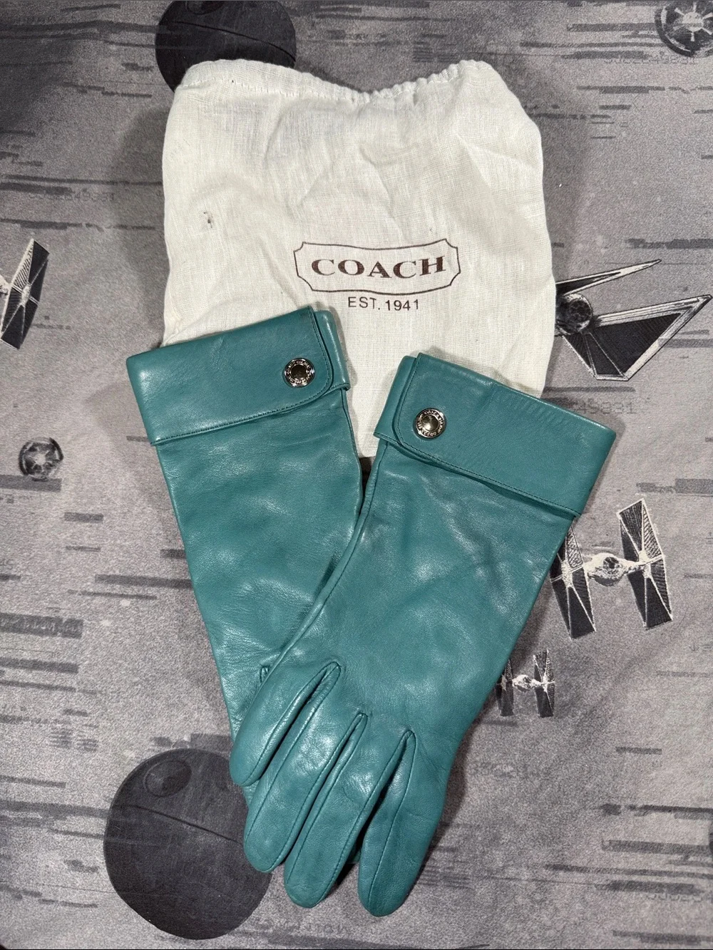 VINTAGE COACH TEAL LEATHER CUFFED GLOVES SZ 6 1/2